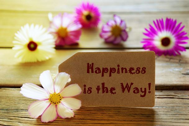 Sunny Label Life Quote Happiness Is The Way With Cosmea Blossoms - Foto, Imagem