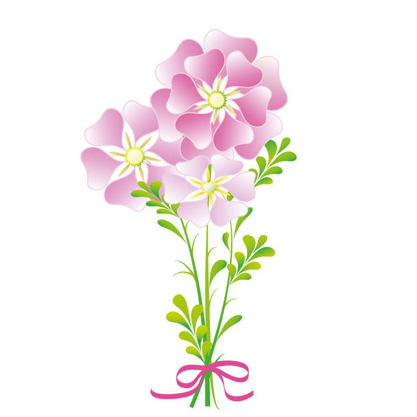 Illustrazione vettoriale di bouquet con nastro rosa. Scheda fiori e foglie isolata su sfondo bianco, fiori rosa con foglie verdi e fiocco. - Vettoriali, immagini