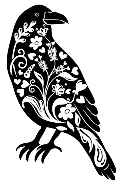 Boho Kwiatowy Kruk sylwetka, Boho Ptak, Wildflowers - Wektor, obraz