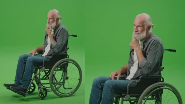 2-in-1 Split Green Screen Montage. Ein nachdenklicher alter Mann im Rollstuhl reibt sich seinen grauen Bart. Mobilitätshilfen und Geräte für Senioren. Psychische Gesundheit älterer Menschen. - Filmmaterial, Video