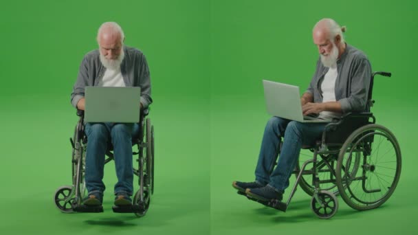 2-σε-1 Split Green Screen Montage.Ένας γέρος σε αναπηρική καρέκλα λειτουργεί σε ένα φορητό υπολογιστή.Ένας έξυπνος ηλικιωμένος άνθρωπος, ελεύθερος επαγγελματίας, Περιήγηση στο Διαδίκτυο χρησιμοποιώντας ένα φορητό υπολογιστή. Υποστηρικτική τεχνολογία για άτομα σε αναπηρικές καρέκλες. - Πλάνα, βίντεο