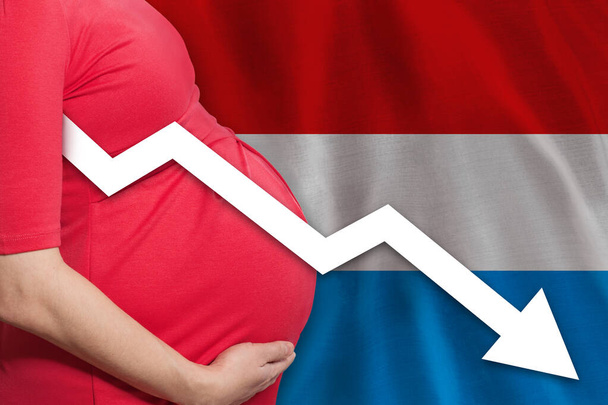 Zwangere vrouw onder de vlag van het Groothertogdom Luxemburg. dalend vruchtbaarheidscijfer - Foto, afbeelding
