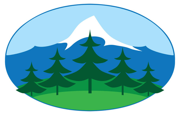 Пять вечнозеленых деревьев перед заснеженными горами внутри овала - Вектор,изображение