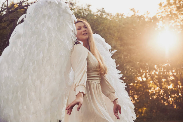 Beautiful girl dressed as an angel in the evening garden. - Photo, image