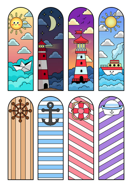 Bookmarks flat icons set. Strip of leather, cardboard, or other material for mark place in book. Fluffy tassel, bookmark with christmas and halloween design. Color isolated illustrations - Vector, Image