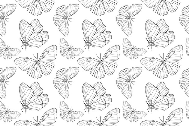 Zwart-wit vector naadloos patroon met schattige vlinders. Patroon voor textiel, inpakpapier, wallpapers, covers en achtergronden - Vector, afbeelding