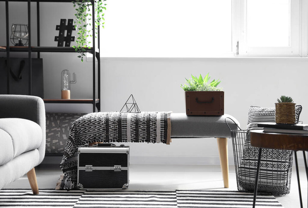 Zachte bank met kamerplanten en plaid in moderne woonkamer - Foto, afbeelding