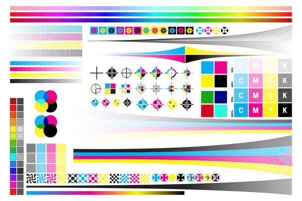 CMYK Drukuj Ilustracja kalibracji ze znakami druku offsetowego i testem kolorów - Wektor, obraz