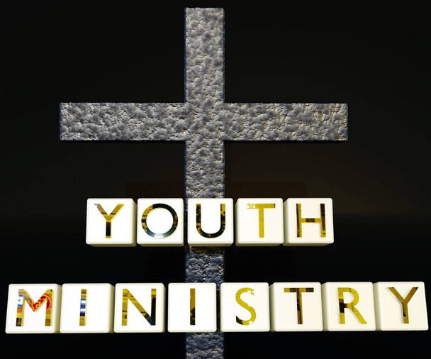 Slova ministerstva mládeže na bílých kostkách a kříž v černém pozadí 3d vykreslování - Fotografie, Obrázek