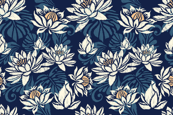 Ikat floral paisley embroidery on navy blue background.Ikat ethnic oriental seamless pattern traditional.Aztec style abstract vector illustration.design for texture,fabric,clothing,wrapping,decoration - Vector, Image