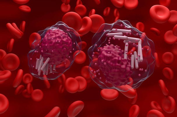 Chronische lymfatische leukemie (CLL) cellen in de bloedstroom - close-up bekijken 3d illustratie - Foto, afbeelding