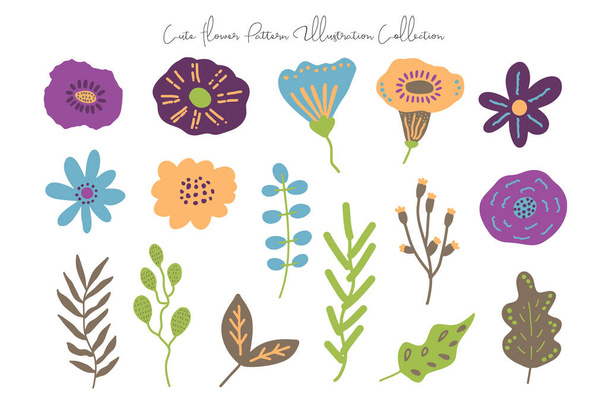 Χαριτωμένο λουλούδι και φύλλα επίπεδη σχεδίαση εικονογράφηση - Διάνυσμα, εικόνα