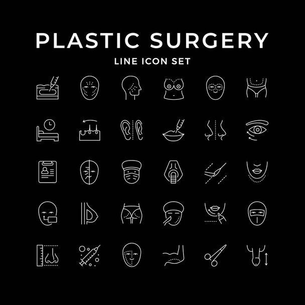 Set line icons of plastic surgery isolated on black. Facelift, penis enlargement, rhinoplasty, anti age procedure, hair transplantation, medical recovery, cosmetology injection. Vector illustration - Vector, imagen