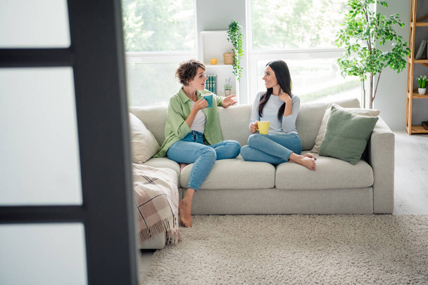 Full size photo of two positive lovely girls sit comfy couch drink coffee communicate enjoy free time flat indoors. - Foto, Imagem