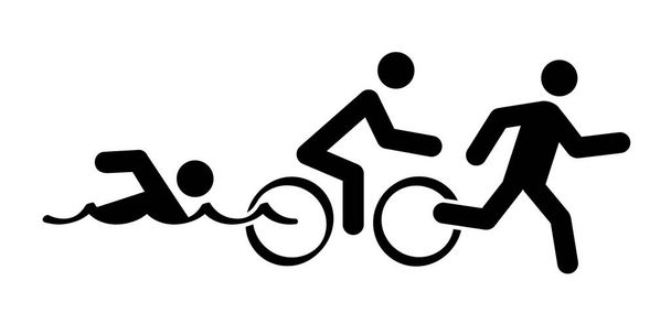 Σχηματισμός τριάθλου. Διαδρομή τρίατλον. Αθλητισμός για κολύμπι, ποδηλασία και τρέξιμο ή τρέξιμο, ποδήλατο και κολύμπι εικονόγραμμα. Αστεία επίπεδη διανυσματική δραστηριότητα σύμβολο εικονίδιο. Τριαθλητής, αγώνας τριαθλητών. Ανταγωνισμός. - Διάνυσμα, εικόνα