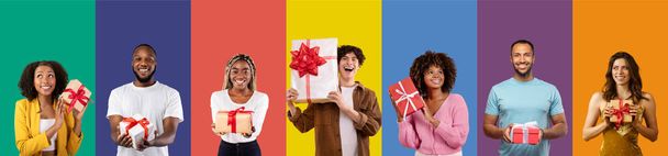 Christmas, xmas, New Year, birthday, Valentine, anniversary celebration concept. Cheerful multicultural millennials holding gift boxes, happy diverse young men and women with presents, collage - Photo, Image