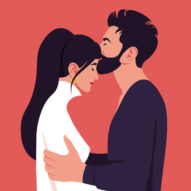 Een man die een jonge vrouw kust. Het gelukkige paar. Bekijk in profiel. Vector illustratie in platte stijl - Vector, afbeelding