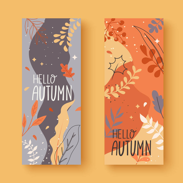 Düşen renkli sonbahar yaprakları ile sıcak renklerde iki dikey pankart seti - Vektör, Görsel