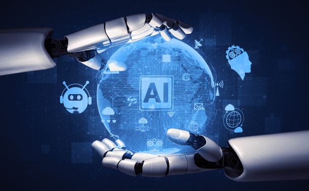 3D візуалізація штучного інтелекту ШІ-дослідження розвитку роботів і кіборгів для майбутніх людей, що живуть. Цифровий аналіз даних та розробка технологій машинного навчання для комп'ютерного мозку
. - Фото, зображення