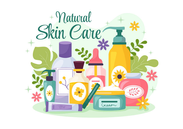 Natural Skin Care Vector Illustration of Women Applying Cosmetics Productos para el cuidado de la piel facial con ingredientes orgánicos en una plantilla plana de fondo de dibujos animados - Vector, Imagen