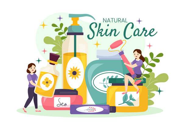 Natural Skin Care Vector Illustration of Women Applying Cosmetics Productos para el cuidado de la piel facial con ingredientes orgánicos en una plantilla plana de fondo de dibujos animados - Vector, imagen