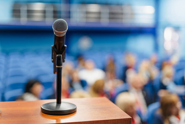 Close-up shot of a microphone at the conference hall - Photo, Image