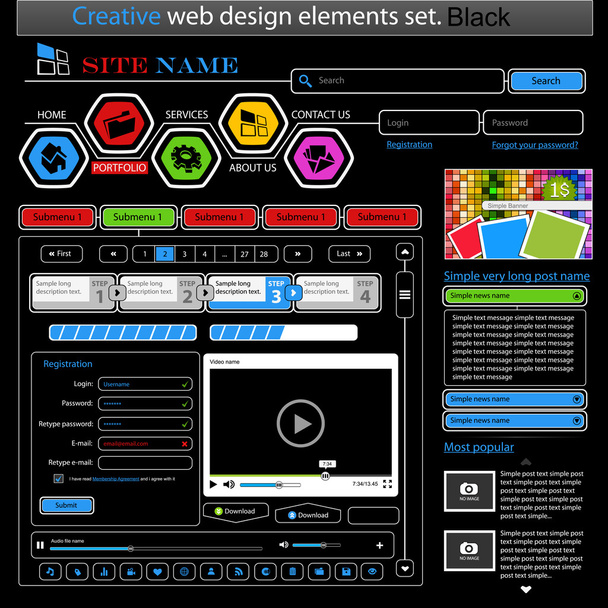 Kreatív fekete web design elemek beállítása - Vektor, kép