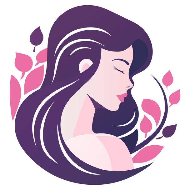 Portrait of a beautiful girl in profile. Light pale pink skin, closed eyes, purple hair, pink plump lips, thin eyebrows, neat nose, pink leaves in the background. Meditation, mindfulness, nature - Vector, Image