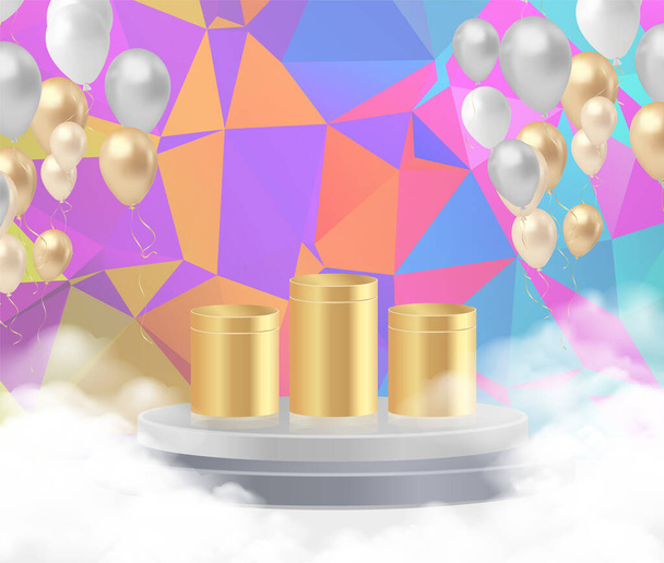 Zlaté pódium s balónky na barevném polygonálním pozadí. Vektorová ilustrace - Vektor, obrázek