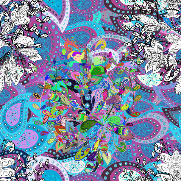 Multicoloblue, fleurs élégantes blanches et violettes et insectes drôles sur des couleurs bleues, blanches et violettes, texture vectorielle, illustration. - Vecteur, image