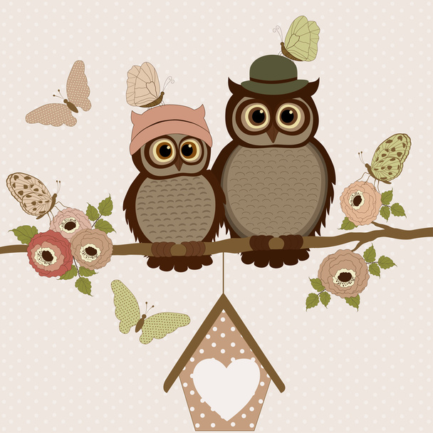 Cute owls on a branch with roses  - Vector, afbeelding
