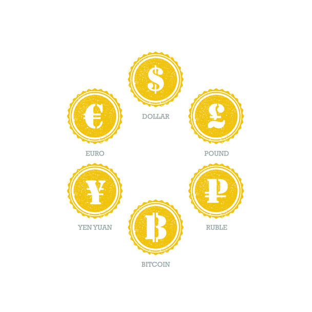 Euro Dollari Yen Yuan Bitcoin Rupla Pound Valtavirran valuuttojen symbolit grunge ympyrä merkki. Vector kuva graafinen malli eristetty valkoisella taustalla
. - Vektori, kuva