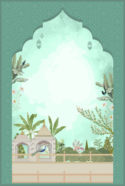 Modelo de design de cartão de convite de casamento Mughal. Templo mogol com bananeira, pavão, pássaros e árvore tropical. ilustração vetorial - Vetor, Imagem