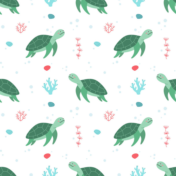 Seamless pattern with sea turtle. Vector illustration of Cute cartoon turtle. Kids illustration, cartoon style. Sea animal, sea creature. Flat design. Underwater life. Bohemian nursery print. - Vector, Image