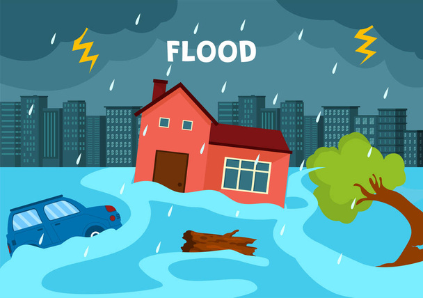 Árvíz vektor illusztrációja The Storm Wreaked Havoc és elárasztotta a várost a házak és autók süllyedő Flat Cartoon Háttér sablonok - Vektor, kép