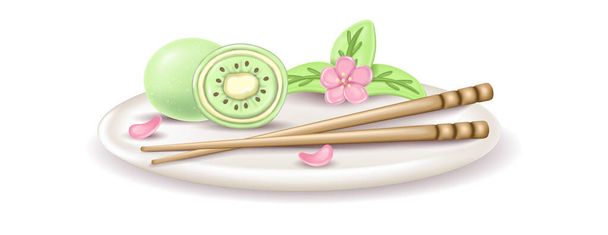 3d reális japán desszert Daifuku Mochi ki egy tányéron. egy egész és fél torta rizspástétomban. Tálaló tál szakuri virágokkal és hashival. - Vektor, kép