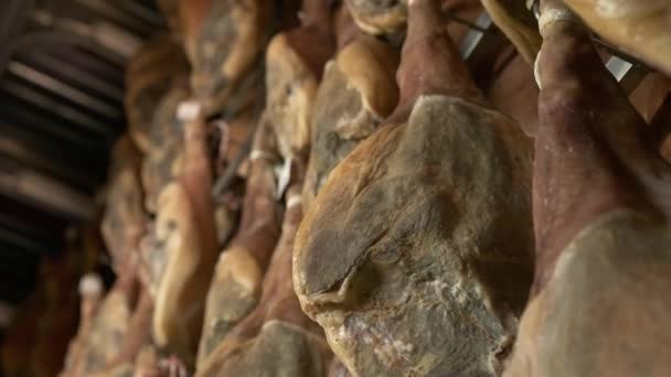 Jamón serrano cerdo patas fábrica colgando en una industria piernas de jamón ibérico. Proceso de elaboración del jamón ibérico - Imágenes, Vídeo