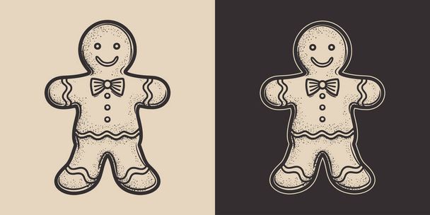 Klasik retro xnoel zencefilli kurabiye fırınlanmış ekmek adam tatlısı. Logo ya da dekorasyon için kullanılabilir. Monokrom Grafik Sanatı. Vektör. Oymacılıkta el çizimi ögesi - Vektör, Görsel