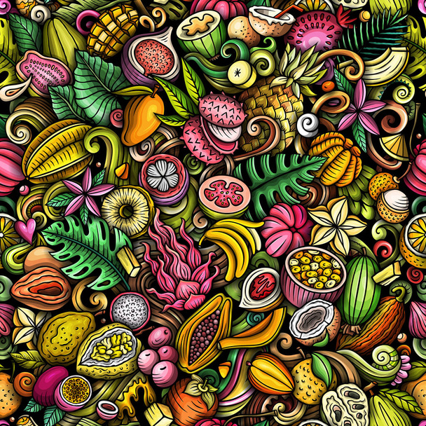 Sarjakuva rasteri doodles aiheesta eksoottisia hedelmiä saumaton kuvio on erilaisia trooppisia hedelmäinen esineitä ja symboleja. Hassua leikkisä värikäs tausta tulostaa kankaalle, onnittelukortit, huivit, tapetti ja muut - Valokuva, kuva