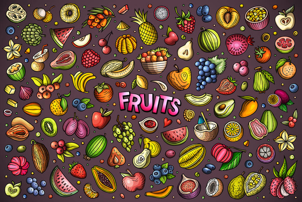 Cartoon raster doodle set dispone di una varietà di oggetti Frutta e simboli. La collezione ha una sensazione stravagante e giocosa. Perfetto per vari progetti. - Foto, immagini