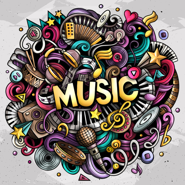 Music hand drawn raster doodles illustration. Musical design. Sound elements and objects cartoon background. Bright colors funny picture.  - Photo, Image
