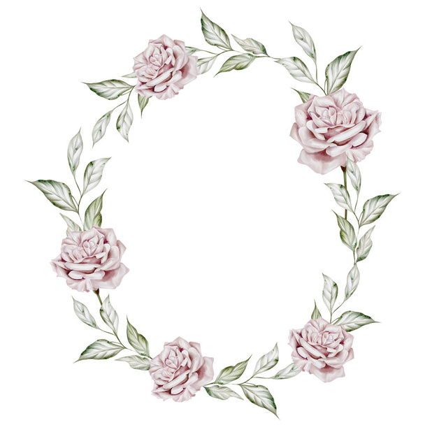 Watercolor wreath with roses and leaves. Illustration - Photo, Image