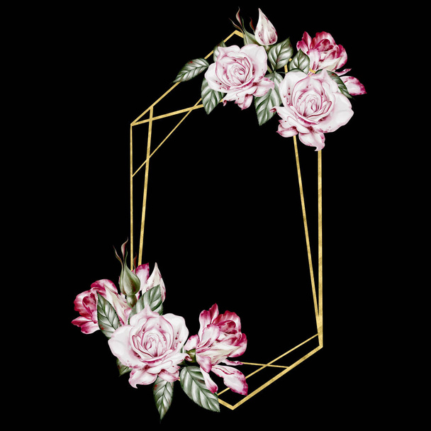 Aquarellkarte mit Rosen und Blättern. Illustration - Foto, Bild