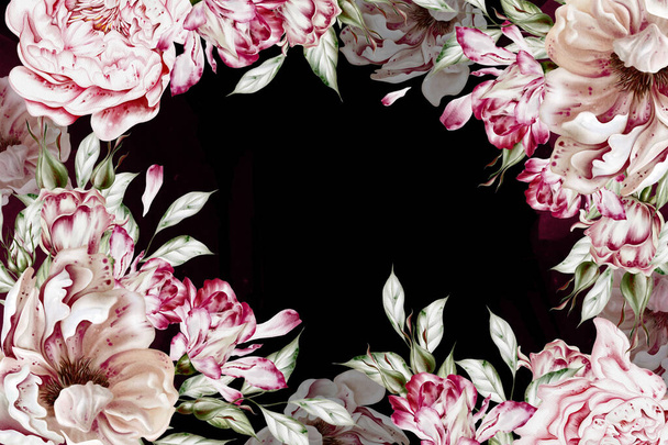 Carte aquarelle avec roses et fleurs de pivoine. Illustration - Photo, image