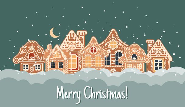 Cartão de Natal com caligrafia, casas de gengibre na neve com o céu noturno e lua. Ilustração em estilo cartoon plana. Vetor - Vetor, Imagem