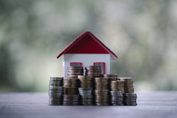 Home Loan and Coins in Serene Nature Background. Finance, Investment, and Real Estate Concept. Coins amidst Tranquil Nature Background. Financial Growth, Property Investment, and Savings. - Photo, Image