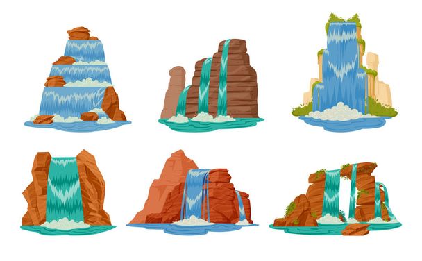 Cascades réglées. Cartoon rivière cascade paysage avec des montagnes et des arbres. Collection d'illustrations vectorielles plates en cascade d'eau courante. Cascades nature sauvage - Vecteur, image