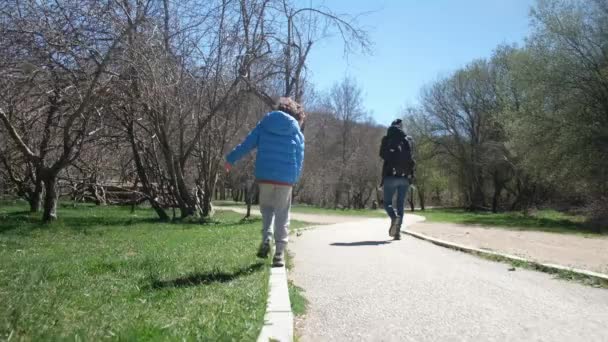 Μητέρα με γιο περπατώντας στο πάρκο μια ηλιόλουστη μέρα - Πλάνα, βίντεο