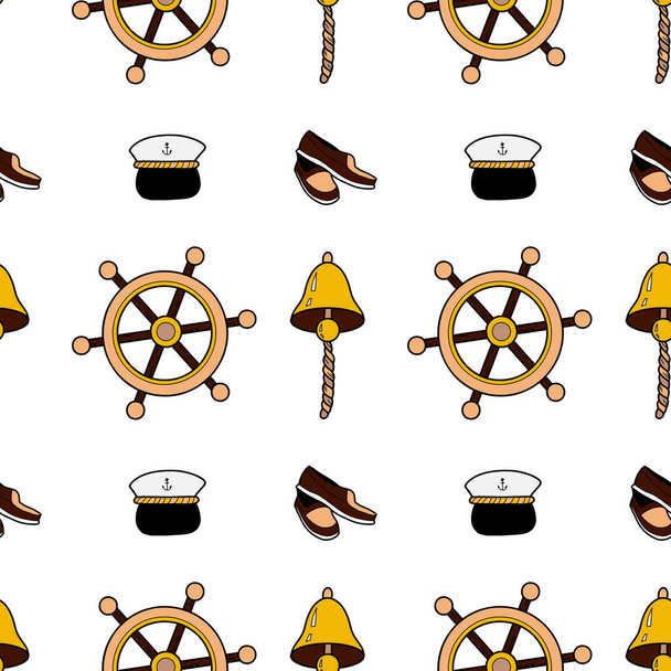 Vektor flache nahtlose Muster auf das Thema der See Kreuzfahrt Lenkrad, Glocke, Mütze, Schuhe - Vektor, Bild