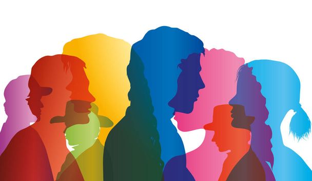 Silhouette profile group of men and women of diverse culture. Diversity multi-ethnic and multiracial people. Concept of racial equality and anti-racism. Multicultural society. Friendship - Vector, Image